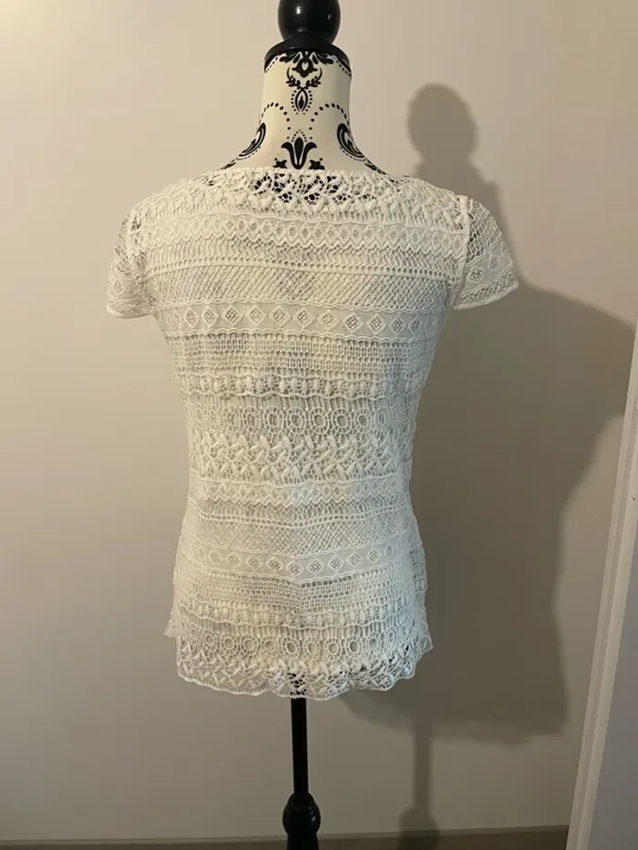 T-shirt blanc manches courtes à dentelle doublé débardeur superposé strass col rond Morgan taille 38 - photo numéro 5