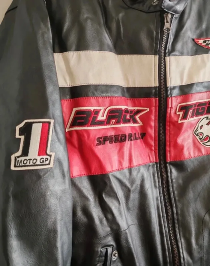 Veste moto vintage Black Tiger – Taille M – Noir & Rouge - photo numéro 2