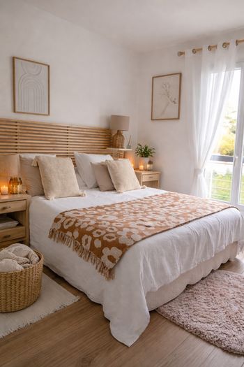 Plaid / Jeté de lit à franges bohème beige – Motif fleurs – Style naturel