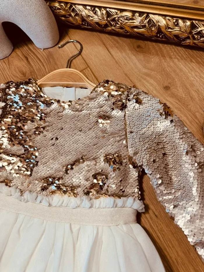 Taille 3-4 ans robe longue créateur fille TAO blanche doré * sequins réversibles tulle * 💞 - photo numéro 2