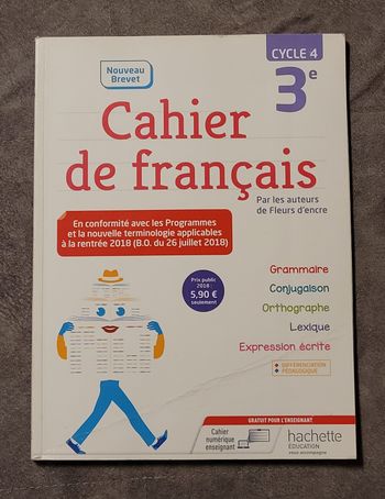 Cahier de français cycle 4 / 3e - Edition 2018 Chantal Bertagna, Carrier