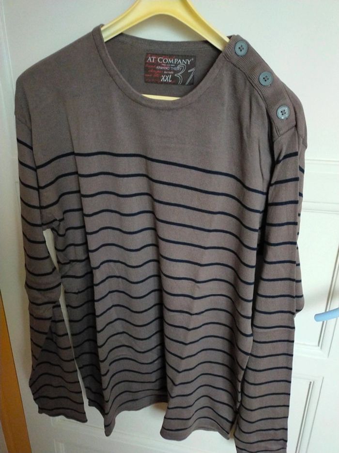Pull ras du cou rayé marron bleu - photo numéro 2