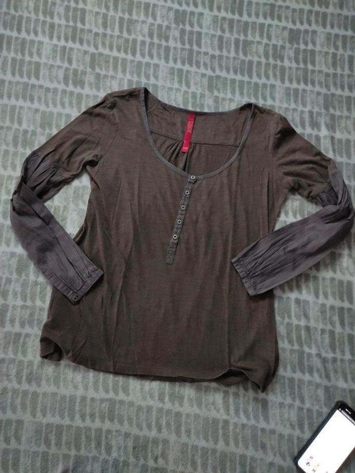 Tee-shirt blouse manches longues marron beige IKKS taille L 40 - photo numéro 1
