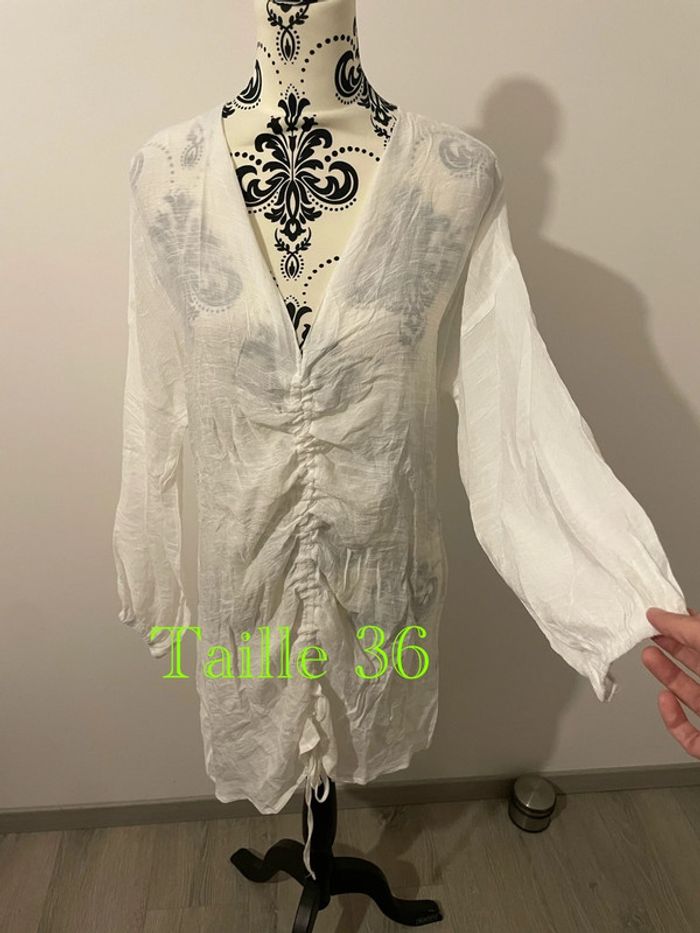 Blouse tunique blanc col V fluide fronce devant neuf taille 36