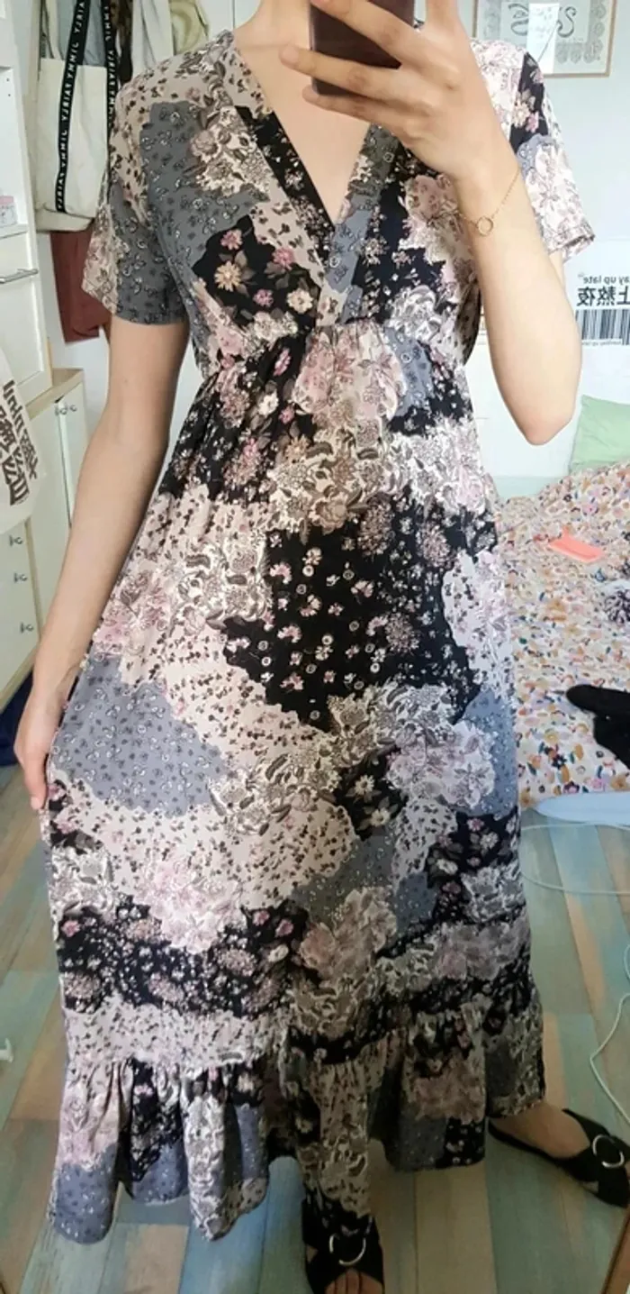 Robe longue patchwork fleurie marine beige rose TU - photo numéro 4
