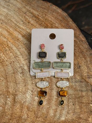 Grandes boucles d’oreilles habaha Paris œil de tigre quartz jade malachite acier inoxydable or