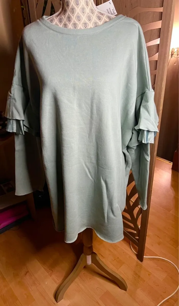 Pull sweat oversize neuf avec étiquette H&M vert manches volantées satin taille XL chaud - photo numéro 2