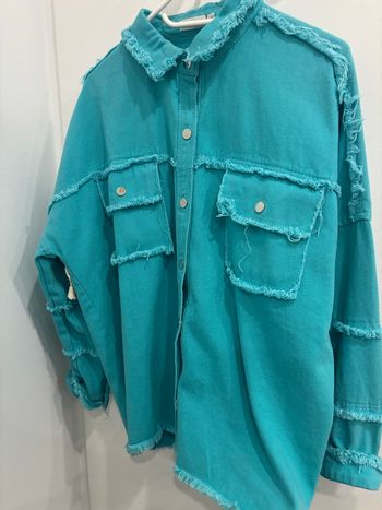 veste bleue, taille unique, flamant rose