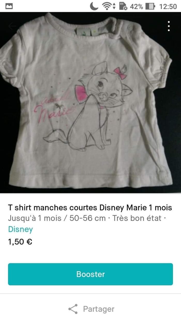 T shirt manches courtes Disney Marie 1 mois