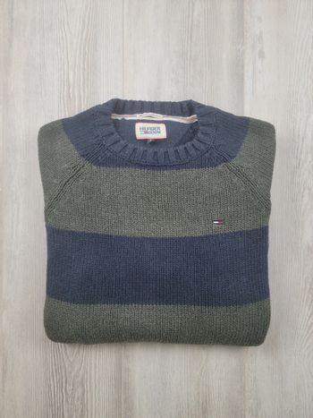 Pull Tommy Hilfiger Denim rayé bleu & vert – maille épaisse – S
