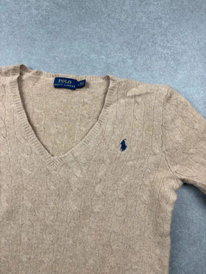 Pull d’hiver torsadé Ralph Lauren en laine et cachemire beige col V taille XS - photo numéro 4