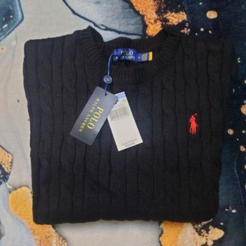 Pull torsadé col rond Polo Ralph Lauren noir logo brodé rouge taille M
