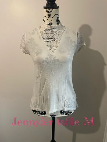 T-shirt manches courtes blanc col montant à dentelle Jennyfer taille M