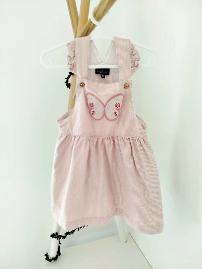 Robe salopette Sergent Major 24 mois rose, rayé, broderie papillon, look vintage craquant