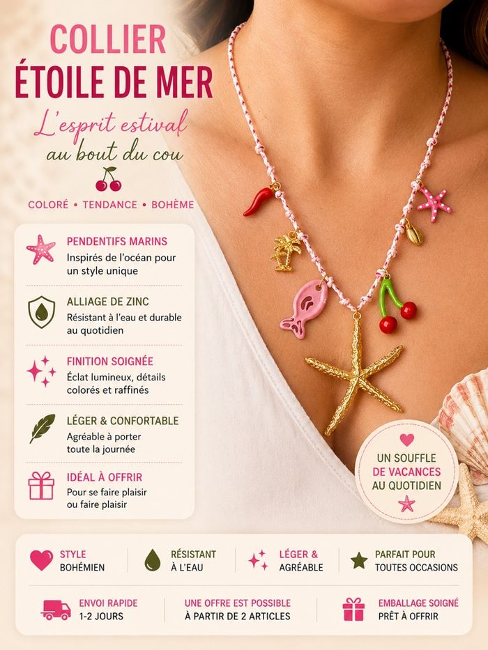 Collier bohème étoile de mer cerises palmier Y2K été tendance - photo numéro 2