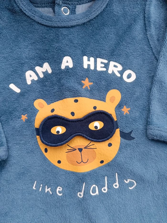 Pyjama grenouillère velours Garçon 1 mois Hero like daddy Papa Kiabi Eco conception coton bio - photo numéro 5