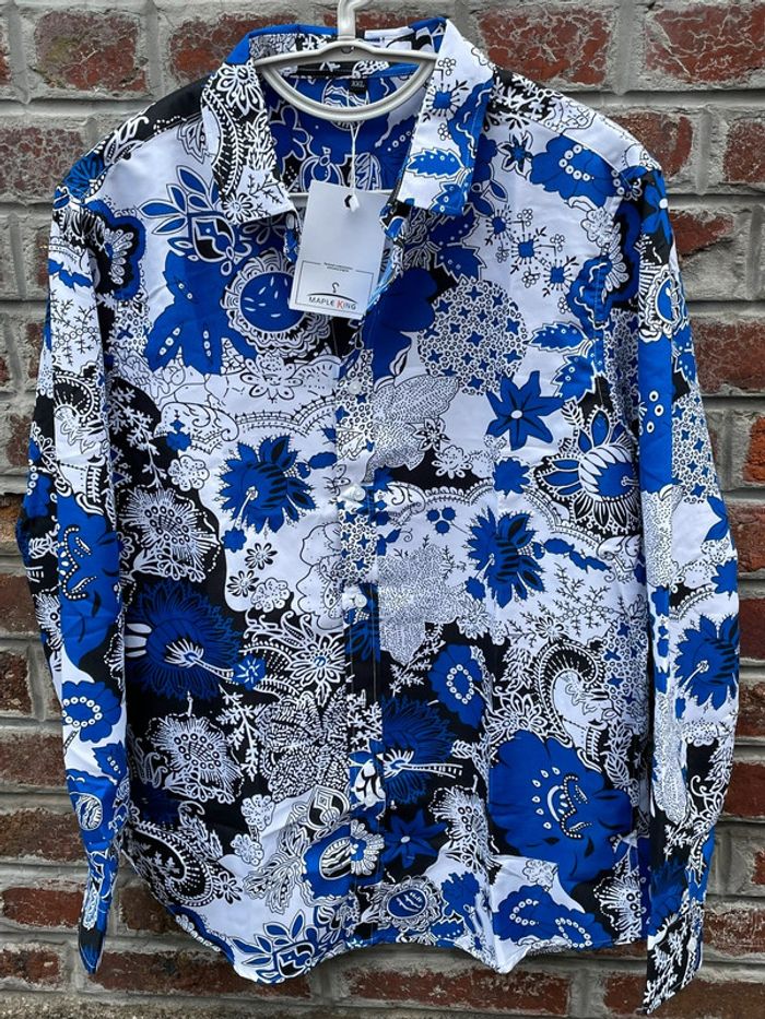 Chemise manches longues homme motif floral bleue vintage chinois
