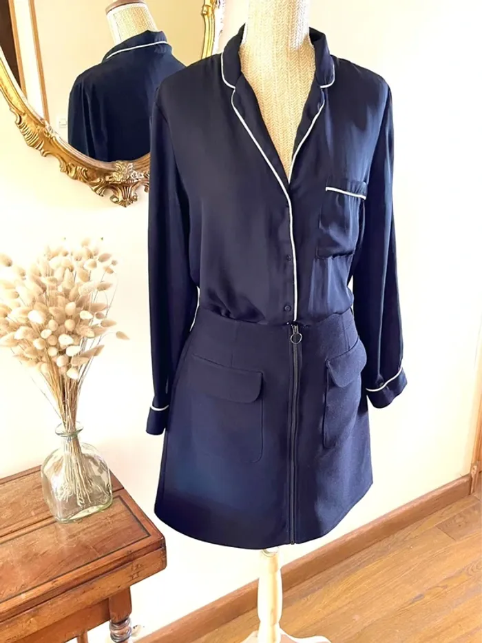 Sublime blouse chemise à boutonnage et col manche longue noir à liseré blanc fluide Zara taille L - photo numéro 5