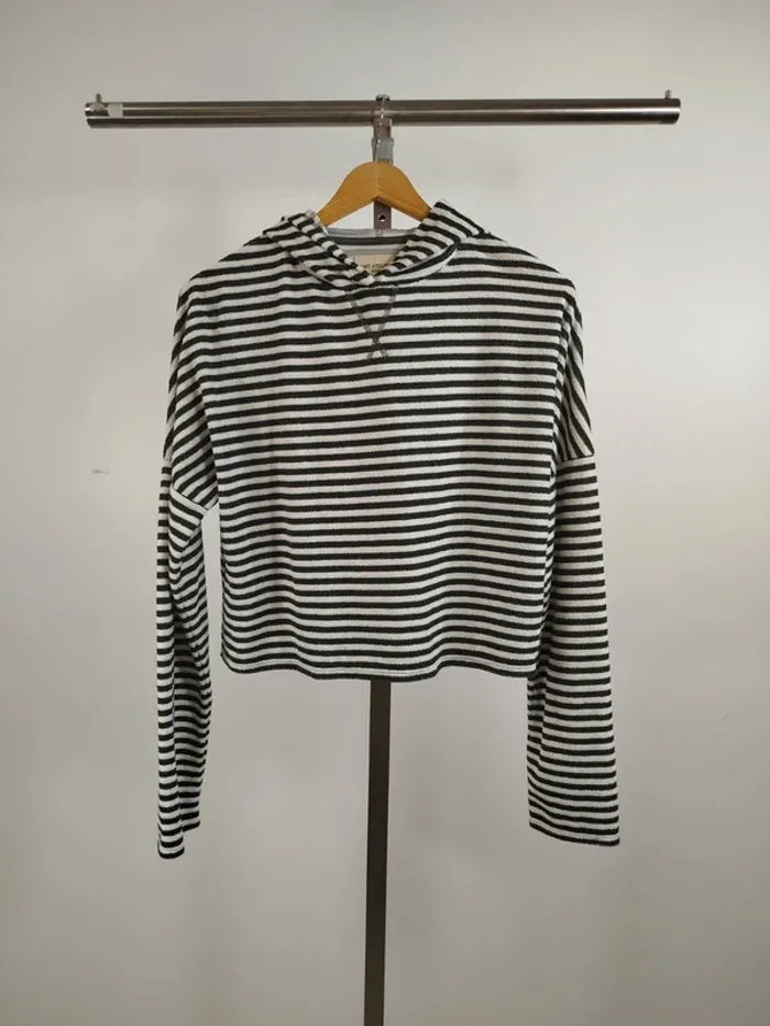 Sweat à capuche rayé noir blanc femme CMT Atelier coupe droite taille M coton doux A1379