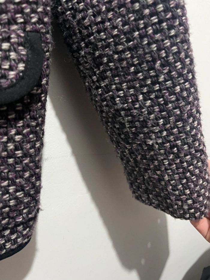 Blazer en laine vintage et oversize style tweed violet foncé / pourpre et blanc couture apparente - photo numéro 11