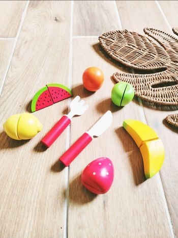 🍌Jeu d'imitation - Dinette en bois aliments /fruits à scratch et couverts en plastique