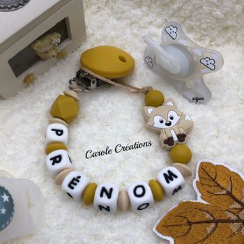 Attache tétine renard moutarde en silicone personnalisé 