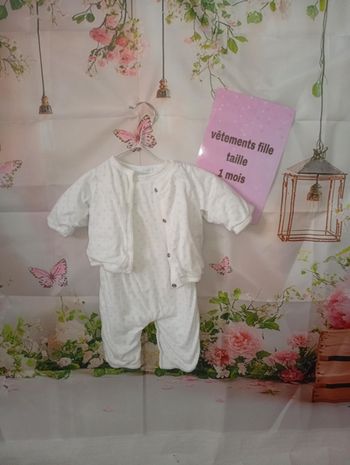 Ensemble ( salopette + gilet ) Jacadi paris blanc taille 1 mois / 56 cm