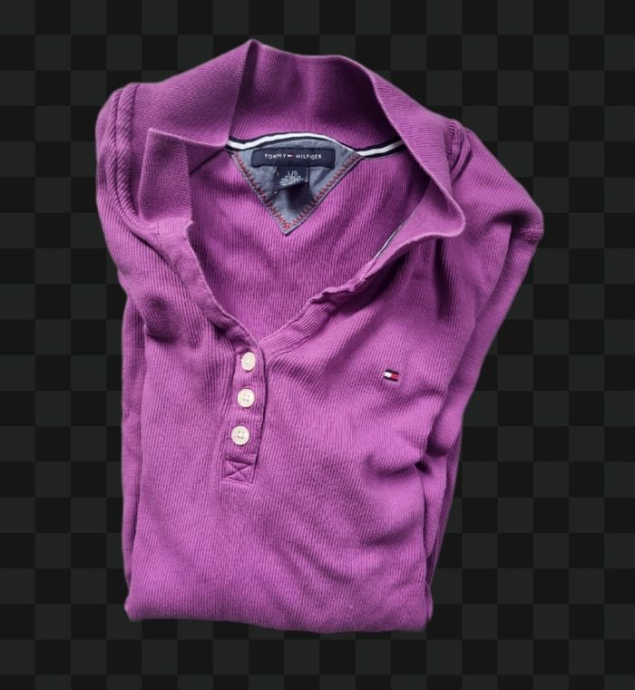 💜 Pull fin Henley côtelé Tommy Hilfiger – Femme – Violet – Manches 3/4