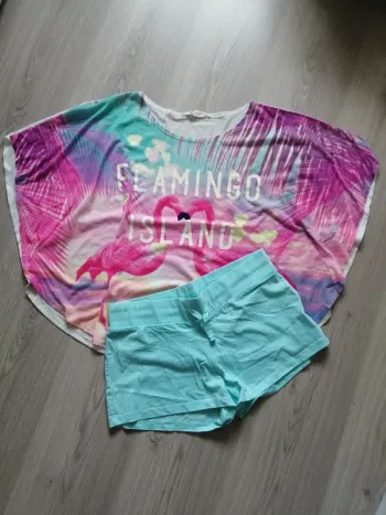 Ensemble short et tee-shirt cap bleu et rose imprimé flamants roses / H&M / (14 ans +)