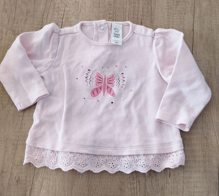 T-shirt manches longues fille rose papillon taille 6 mois C&A