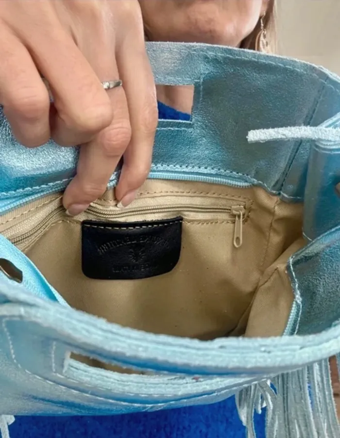 Sac bandoulière cuir véritable bleu gris franges - photo numéro 7