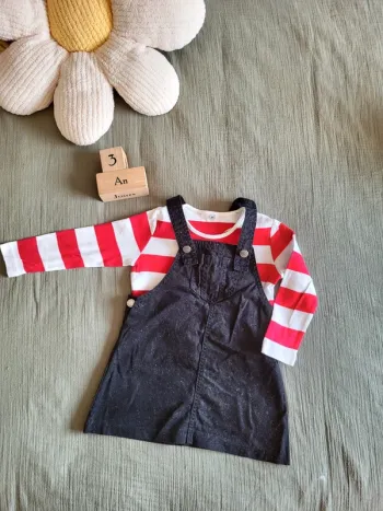Ensemble robes salopette et t-shirt manches longues marinière 100% coton rentrée automne
