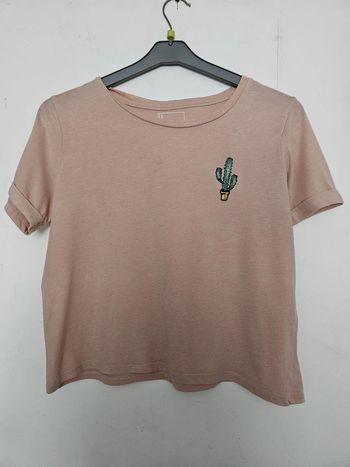 T-shirt top à manches courtes femme - Taille S / 36 - Undiz - Rose pâle brodé cactus
