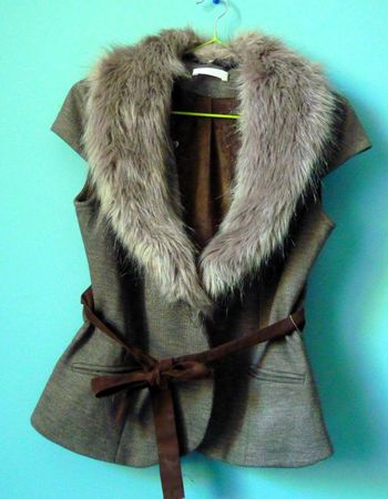 Gilet laine Femme Veste fourrure ceinture Promod S 36 TBE Grise