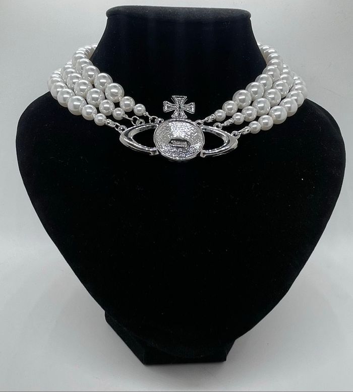Collier perles 3 rangs motif argenté strass - photo numéro 3