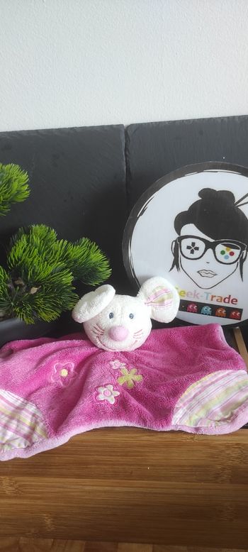 Doudou plat souris rose rayé fleurs jollymex vert rayure blanc Ancien Queue