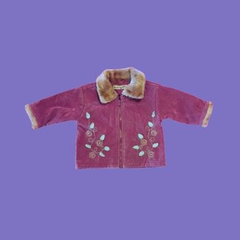 Manteau Bébé Enfant Velours Côtelé Bordeaux Tom Kids Col Fourrure & Broderies Florales 12 mois 74 cm Très Bon État