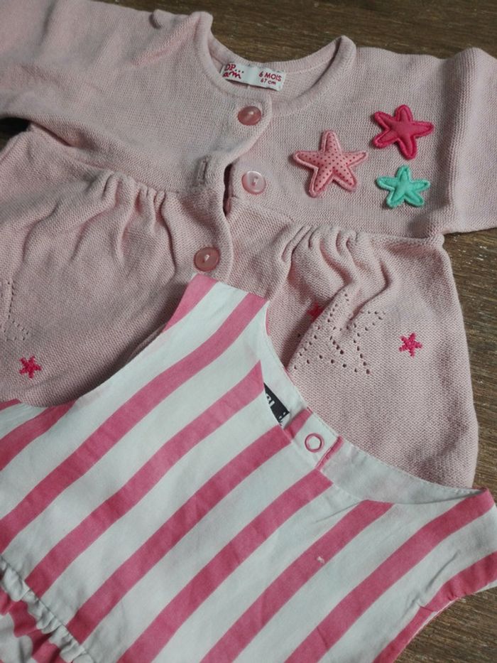 Ensemble été bébé fille 6 mois robe rayé rose mariniere gilet sirène étoile mer - photo numéro 3