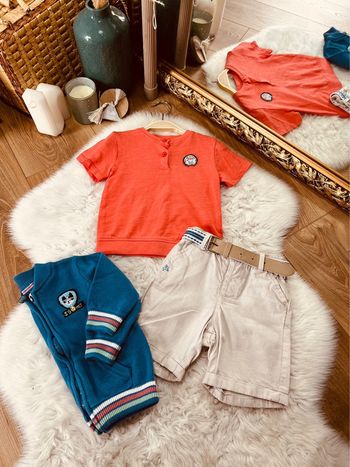 Taille 18 mois ensemble d’été 3 pièces garçon Sergent Major creeks bleu beige et corail  💙
