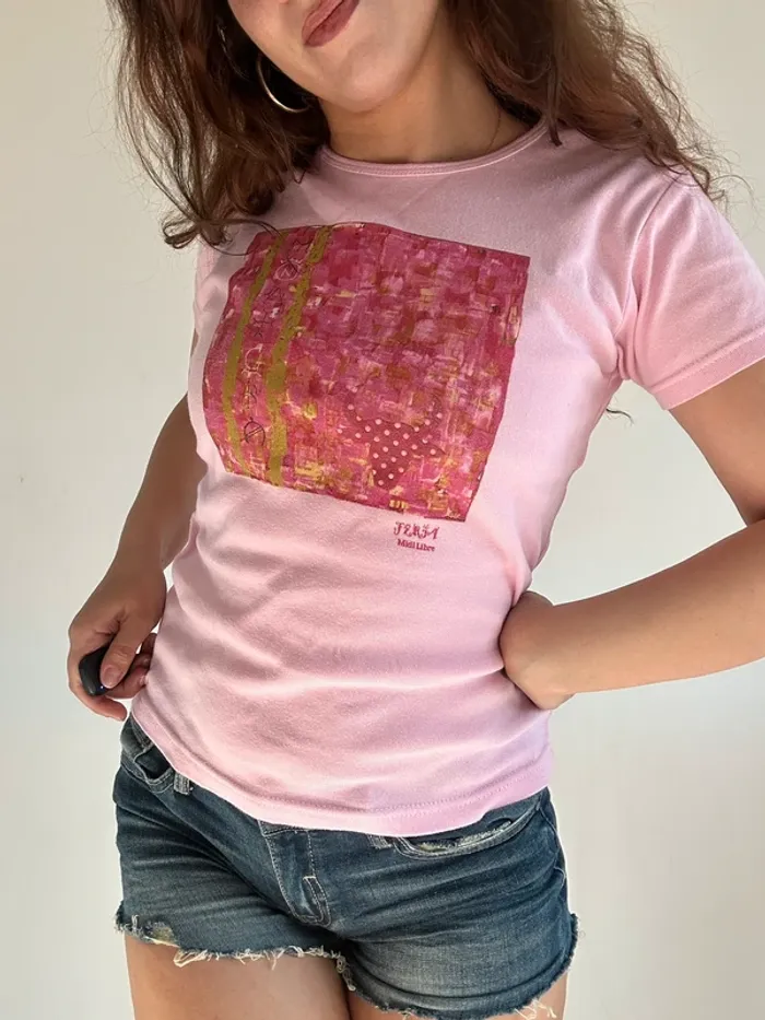 T shirt vintage y2k années 2000 en coton rose à motifs taille S/M - photo numéro 7