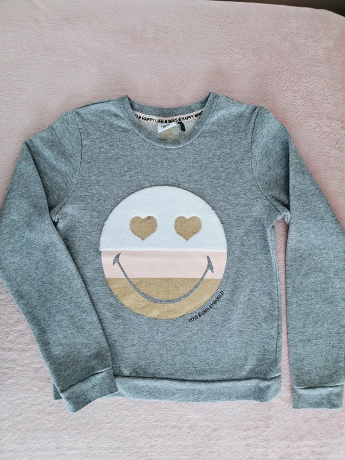Sweat IKKS 10 ans gris clair pailleté motif smiley blanc rose et doré