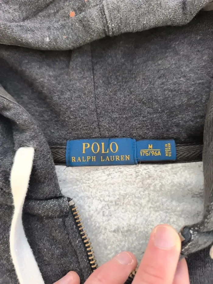 Sweat capuche homme Ralph Lauren zippé taille M gris foncé logo bordeau - tâche javel - photo numéro 8