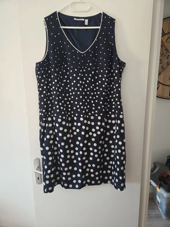 Robe femme éte bleu marine pois blanc 100% lin TBE taille 50 punto roma