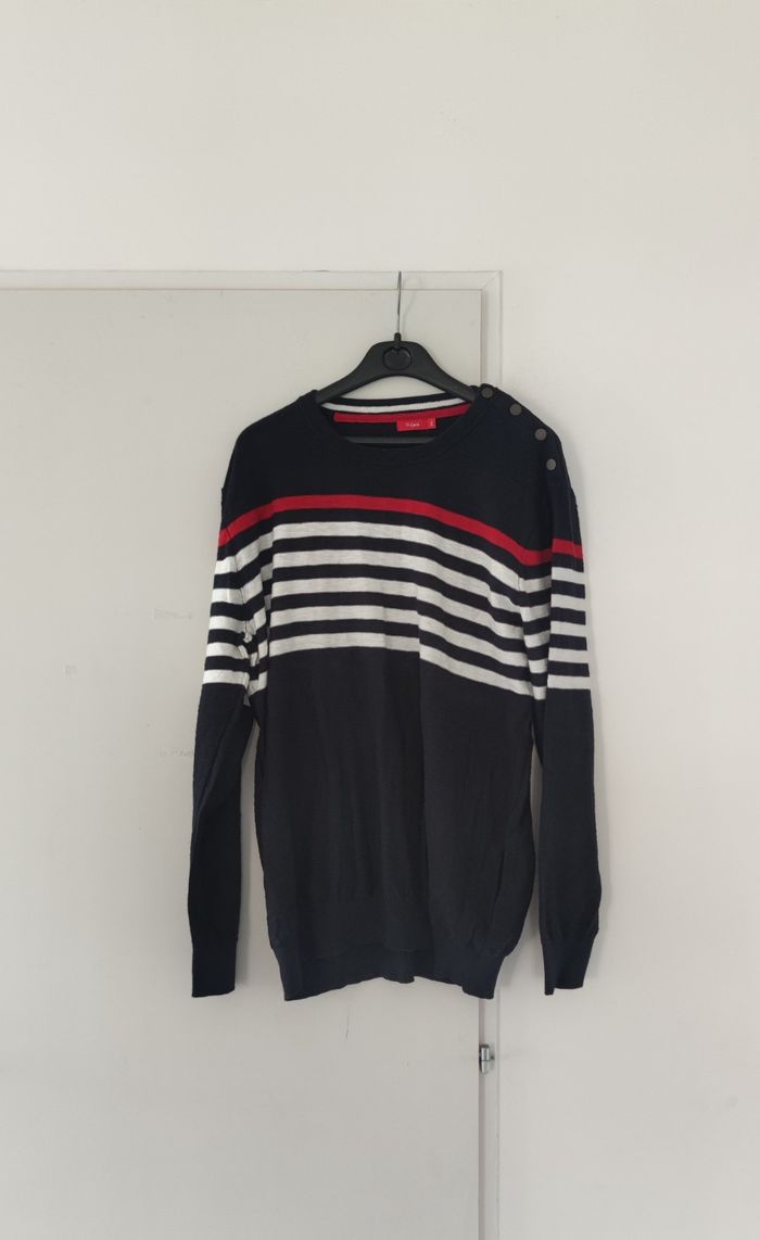 Pull homme XXL Tissaia bleu marine blanc rouge – 100 % coton – très bon état