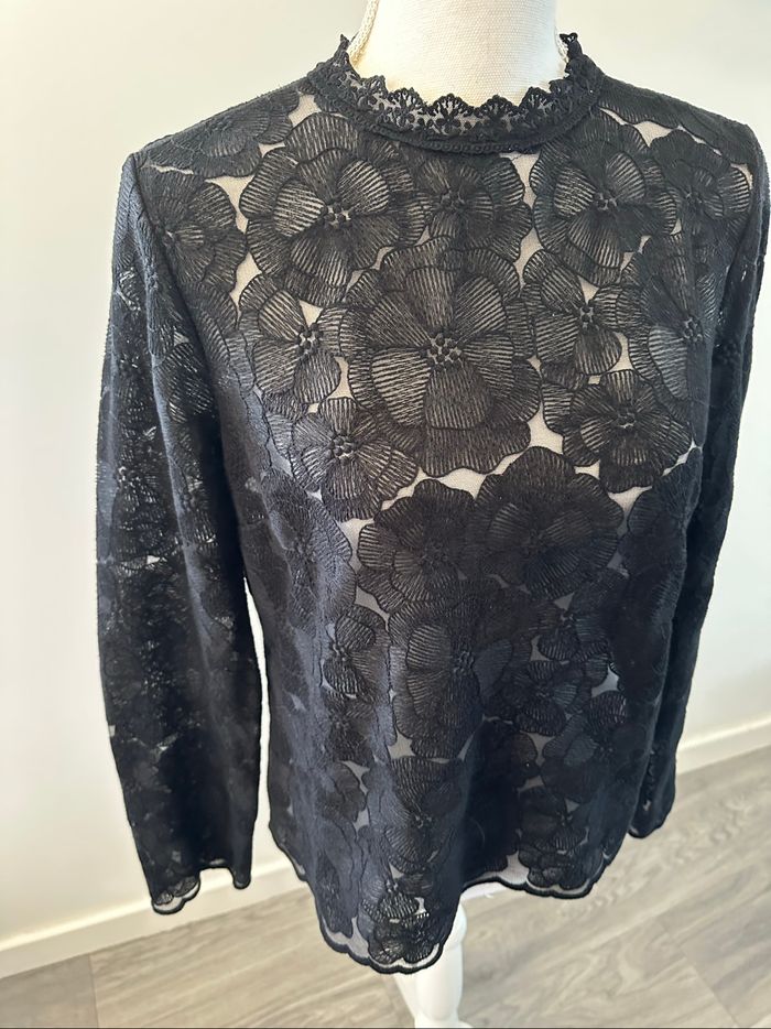 Blouse noire dentelle gothique à fleurs Vintage T38 M - photo numéro 3