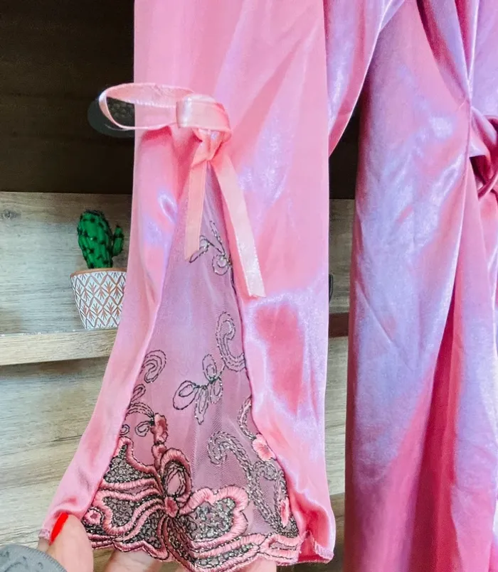 Pyjama déshabillé 3 pièces satiné rose - photo numéro 7