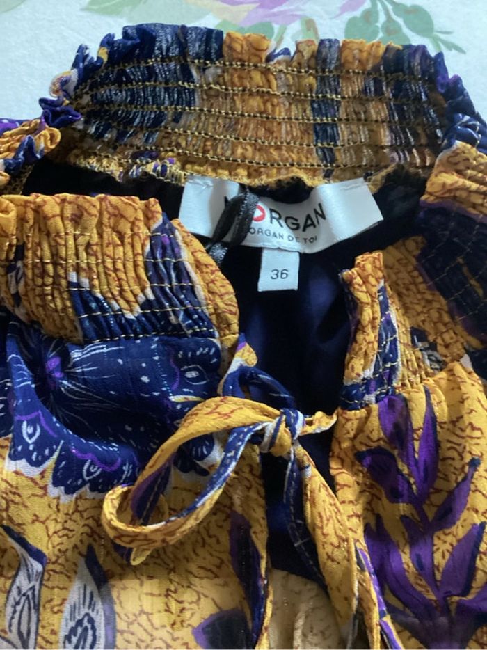 Blouse jaune moutarde avec motifs floraux bleus - Morgan t36 - photo numéro 4