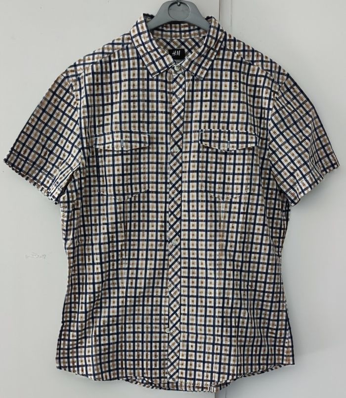 Chemise à manches courtes pour homme taille L marque H&M couleur bleu et marron à carreau