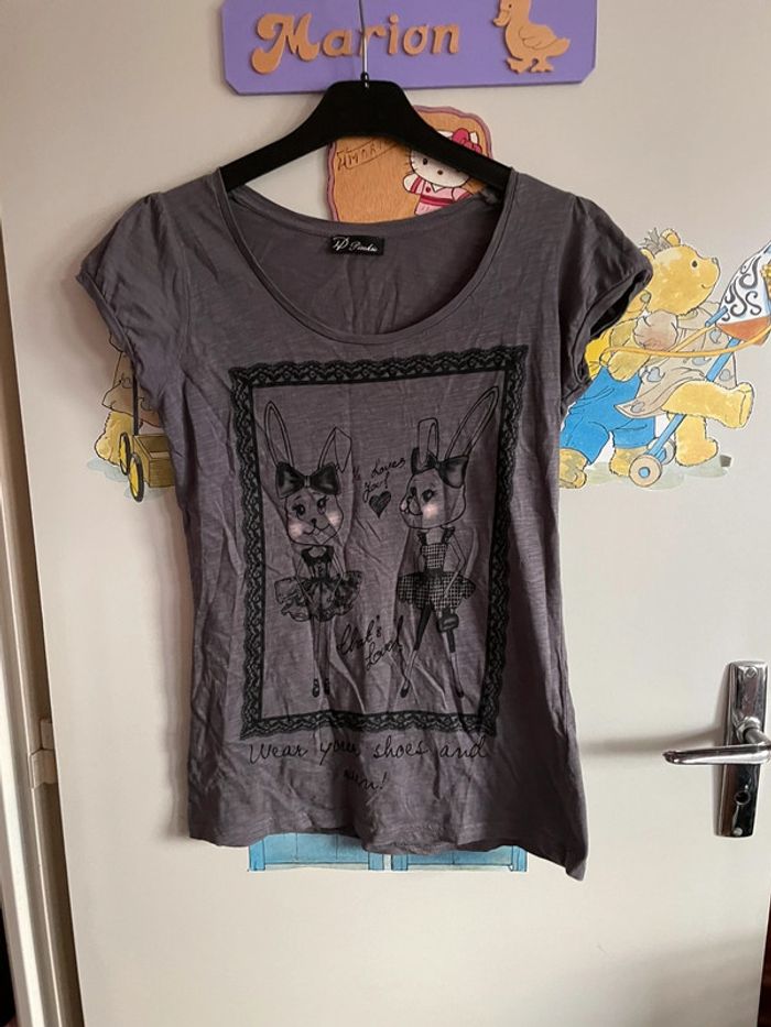 Tee shirt à manches courtes gris à motifs, taille 34, marque Pimkie