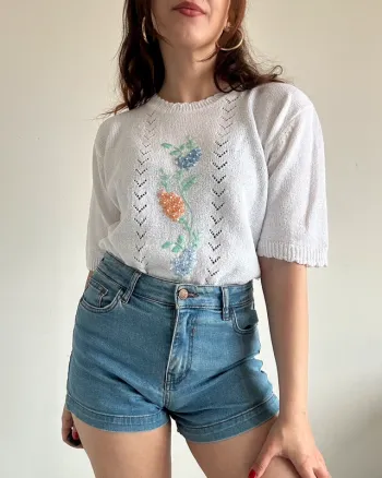 Pull blanc à manches courtes brodé taille M